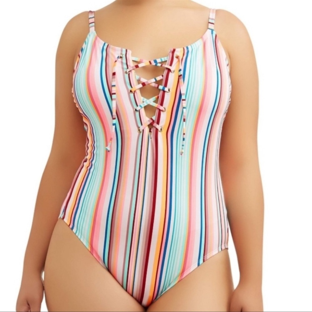 Retro Striped Lace Up One-Piece Plus Size Swimsuit 3X (23-25)